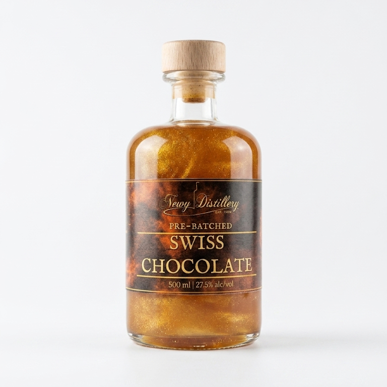 Bottle of Swiss Chocolate pre batch with a wooden cap on a white background