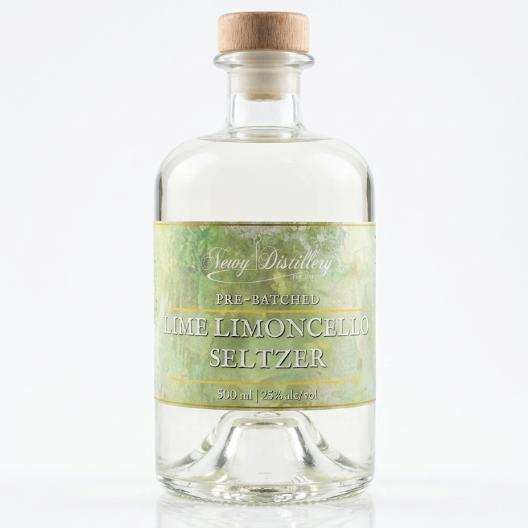 Bottle of Lime Limoncello Seltzer with a green label on a white background