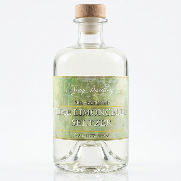 Bottle of Lime Limoncello Seltzer with a green label on a white background